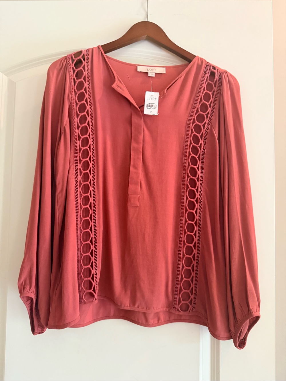 LOFT Coral Rose Crochet-Trim Long Sleeve Blouse